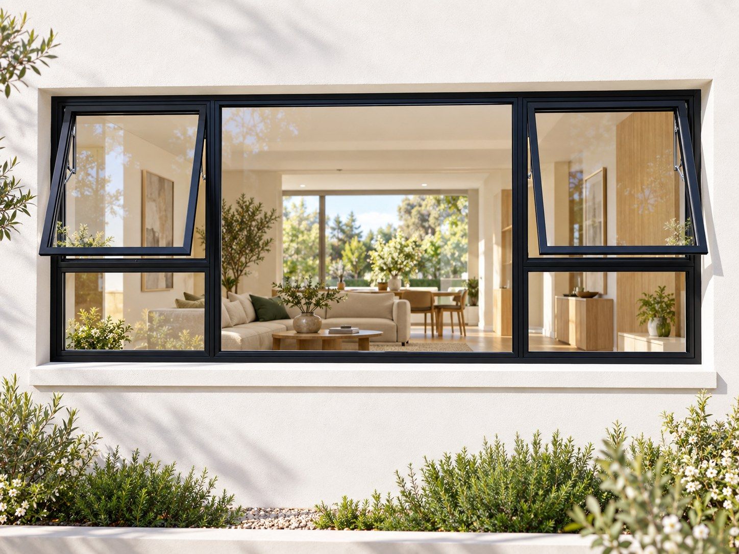Kenzo Premium Top-Hung Aluminium Window - Black, 2400 900 mm, Two Outer Openers with Fixed Centre and Lower Panes, Clear Glass