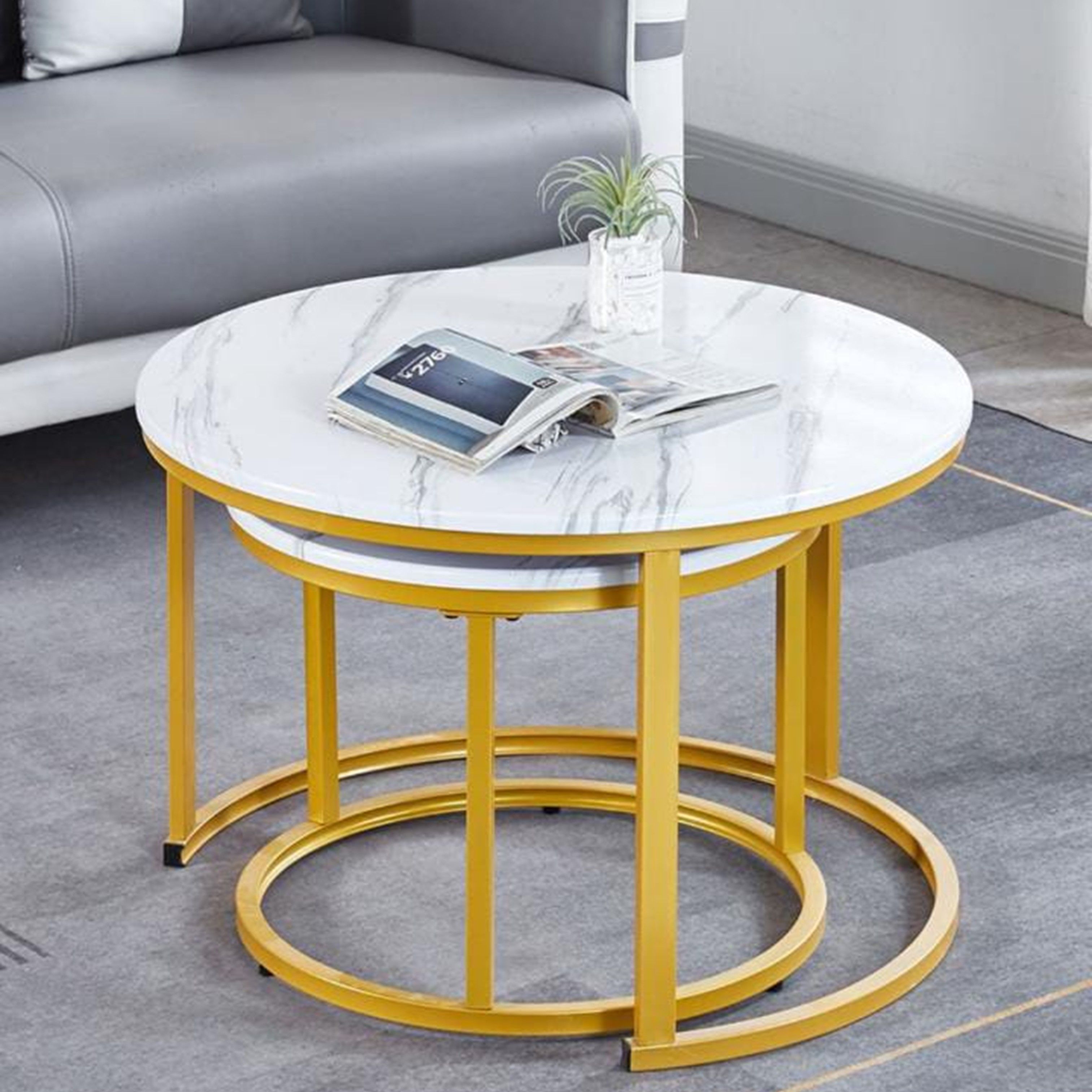 Round White Marble Top Nesting Coffee Table Set with Gold Base