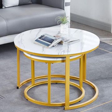 Round White Marble Top Nesting Coffee Table Set with Gold Base