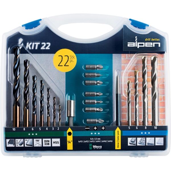 Drill And Screwdriver Bit Set 22 Piece In Carry Case Steel & Masonry
