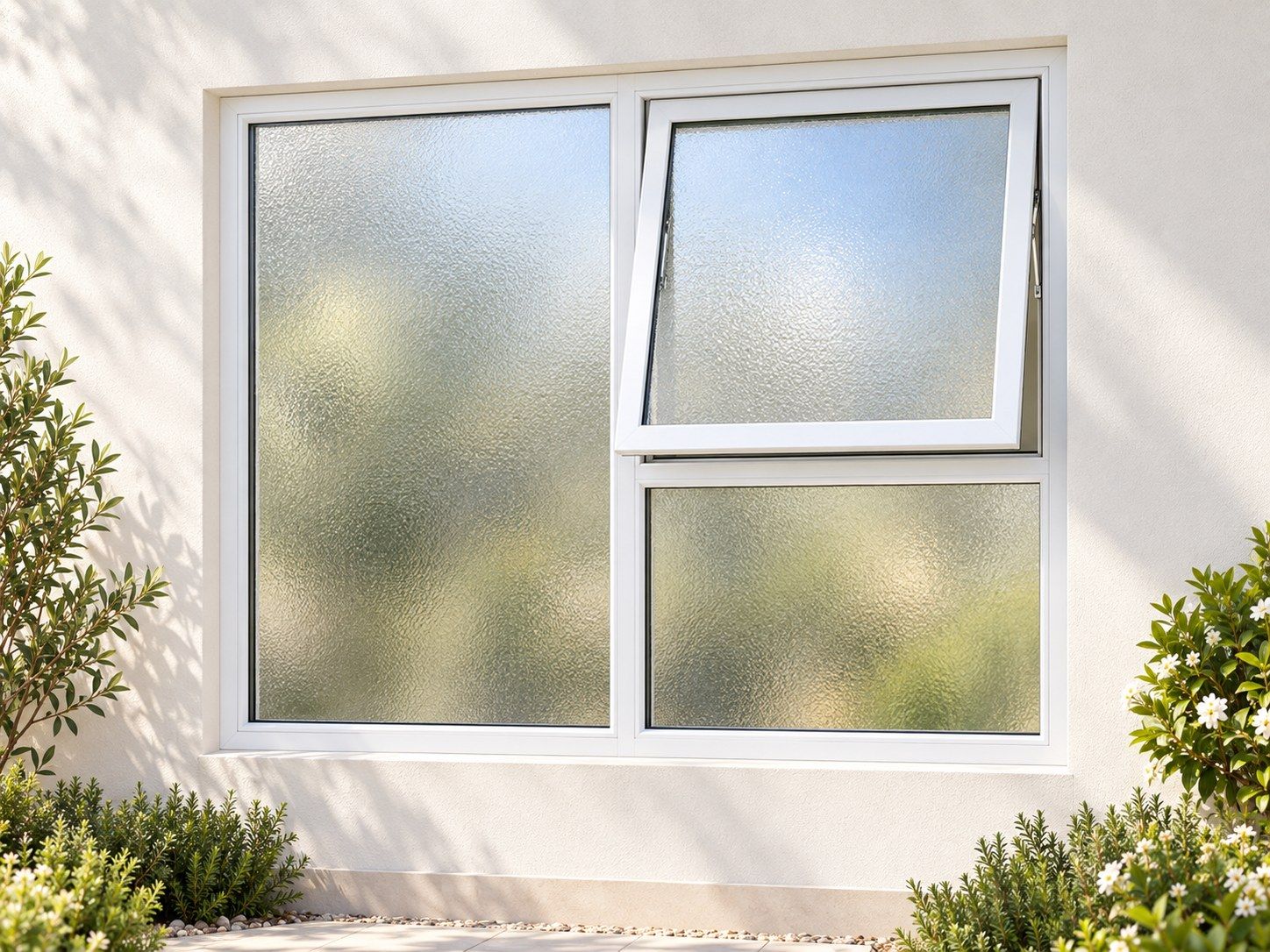 Kenzo Premium Top-Hung Aluminium Window - White, 1200 900 mm, Right Upper Opener with Fixed Lower and Side Panes, Obscure Safety Glass