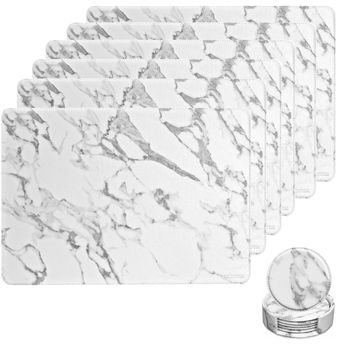 Heartdeco Premium Marble Pattern PU Leather 6 Placemats & 6 Coasters Set-Medium