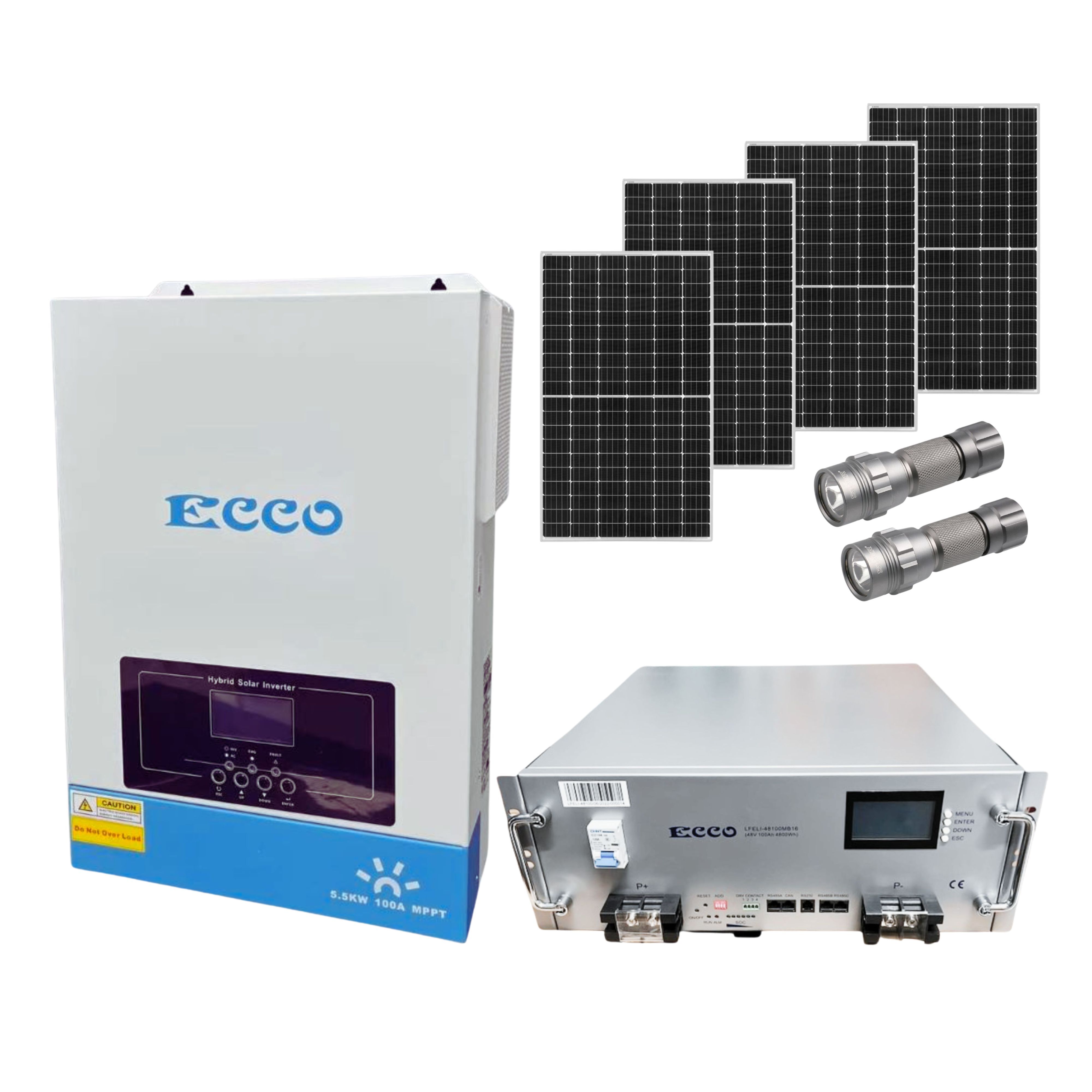 Ecco 5.5kw Inverter 51.2V Lithium Battery, 4 580w Solar Panel and Torch
