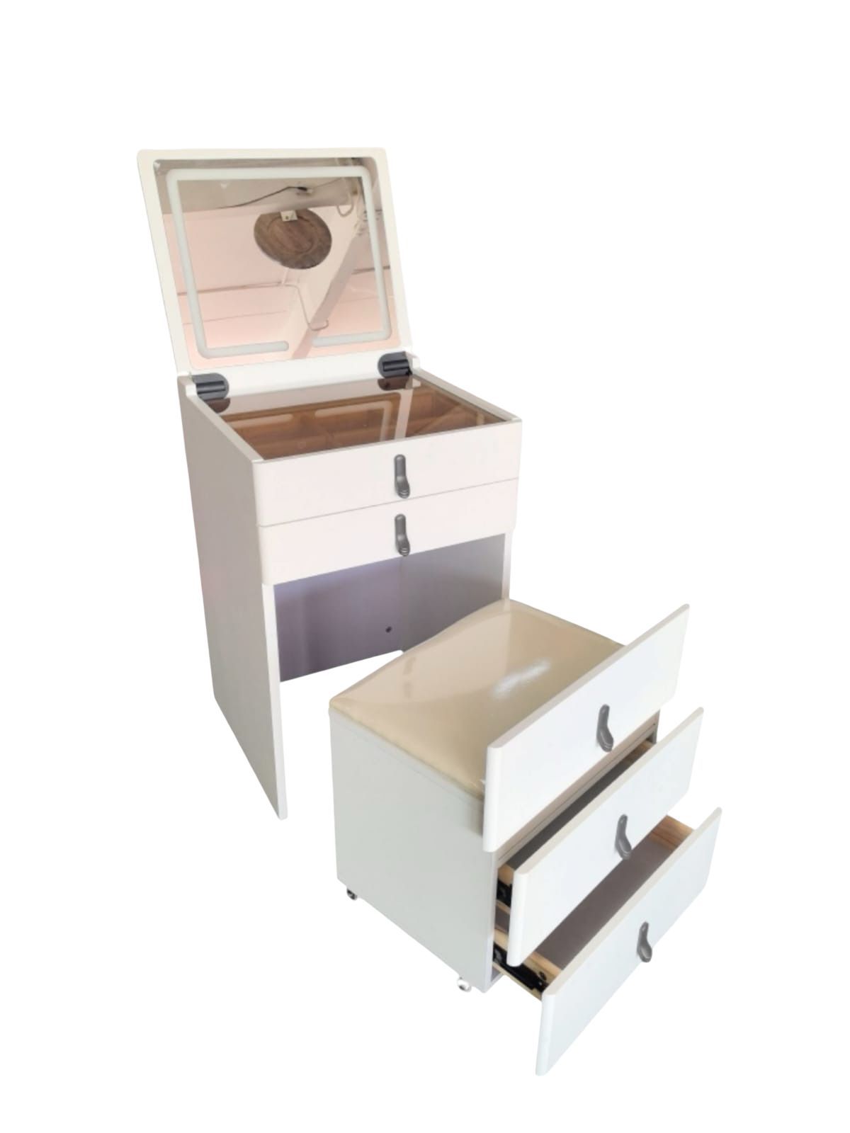 Flip Over Vanity Desk with Mirror and Lights Compact Vanity Desk 3 in 1 Vanity Desk Hidden Makeup Stool and Four Drawers with USB Plug and Two Speakers Hidden Storage