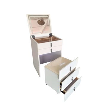 Flip Over Vanity Desk with Mirror and Lights Compact Vanity Desk 3 in 1 Vanity Desk Hidden Makeup Stool and Four Drawers with USB Plug and Two Speakers Hidden Storage