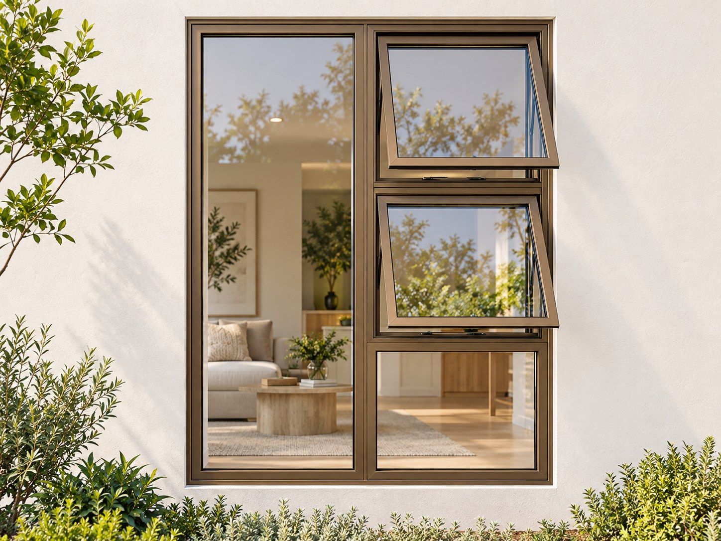 Kenzo Premium Top-Hung Aluminium Window - Bronze, 1200 1800 mm, Right Two Openers with Fixed Lower and Side Panes, Clear Glass