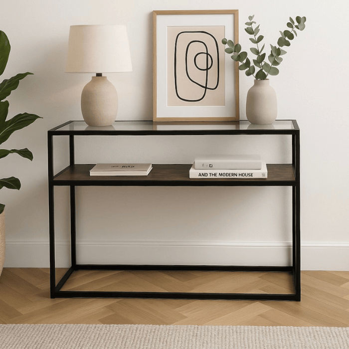 Willowbrook 120cm Console Table – Glass Top with Rustic SupaWood Shelf and Black Steel Frame