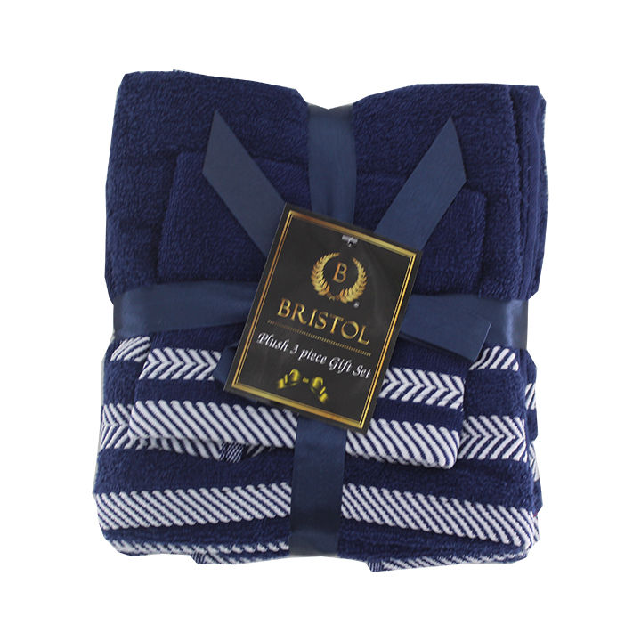 Plush 3 Piece Set - Bath Towel, Hand Towel and Face Cloth - 100% Cotton - Navy