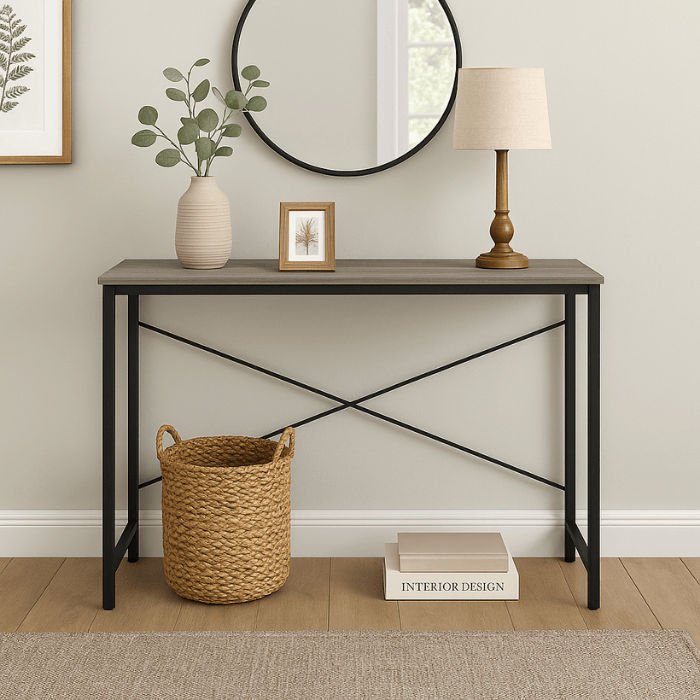 Lima 120cm Entryway Table – Slim Console Table with Black Steel Frame & Stonewood Finish