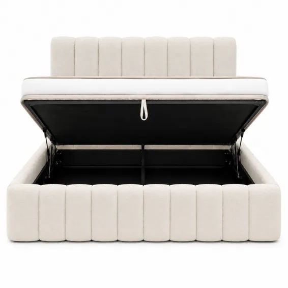 Califia Furniture Queen Cream Bouclé Upholstered Lift-Up Storage Bed with Panelled Headboard