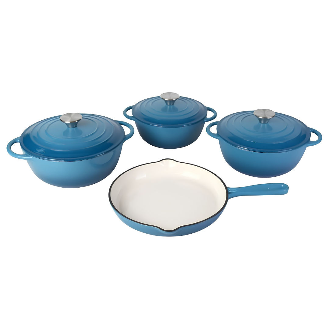 7-Piece Enameled Cast Iron Cookware Set – 3 Round Casserole Dutch Ovens with Lids & Frying Pan (Ocean Blue)