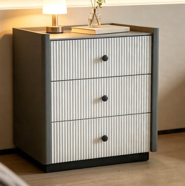 LBM FURN-High Gloss 3 Drawer Bedside Table- Grey & White