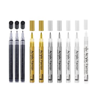 10 Acrylic Permanent Marker Pens Black-White-Silver-Gold Art&Crafts Paint