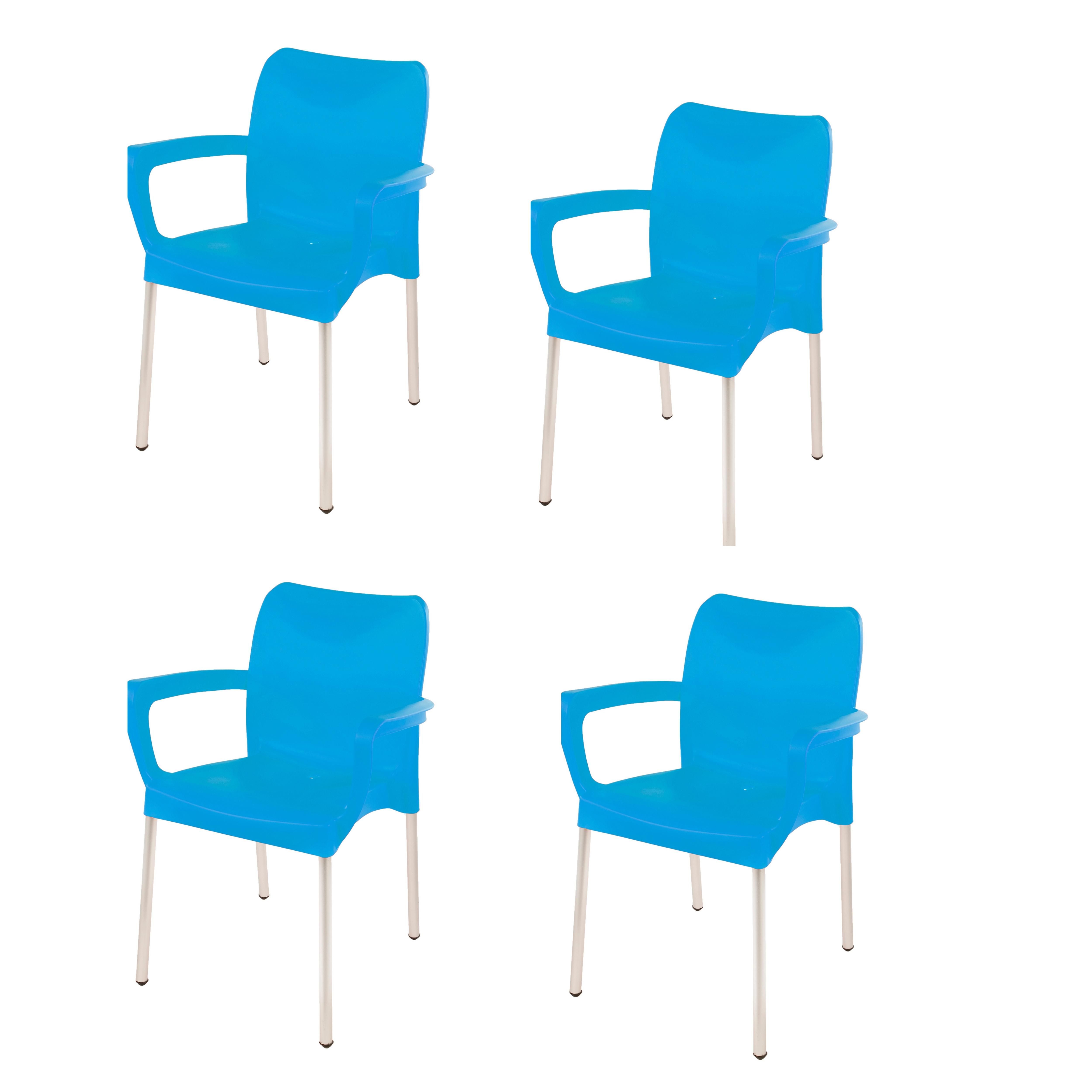Heavy Duty Plastic Stacking Chair – Bistro Design with Armrests - Sky Blue - Set of 4