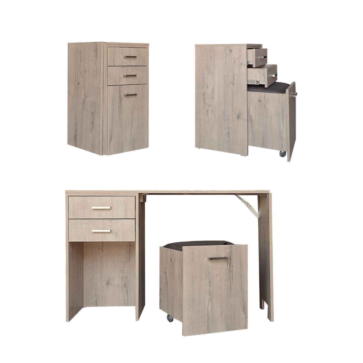 Versa Combo Drawer Desk with Ottoman Chair & Fold-Out Table - Rustic Wood