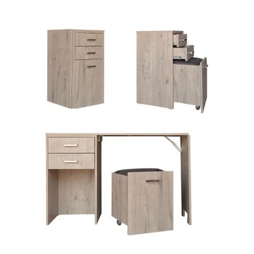 Versa Combo Drawer Desk with Ottoman Chair & Fold-Out Table - Rustic Wood