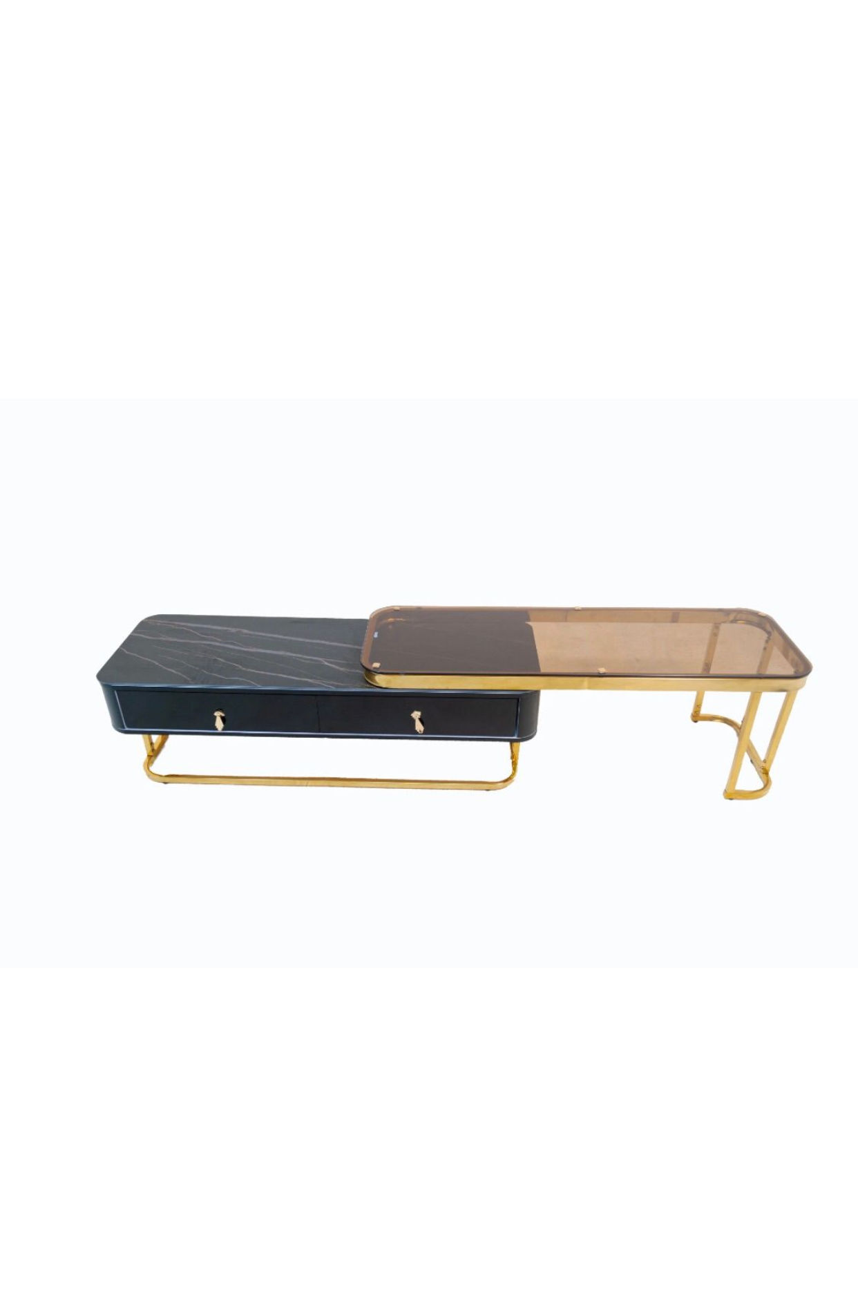 EFURN- Nadia nesting tv stand with black marble and glass top
