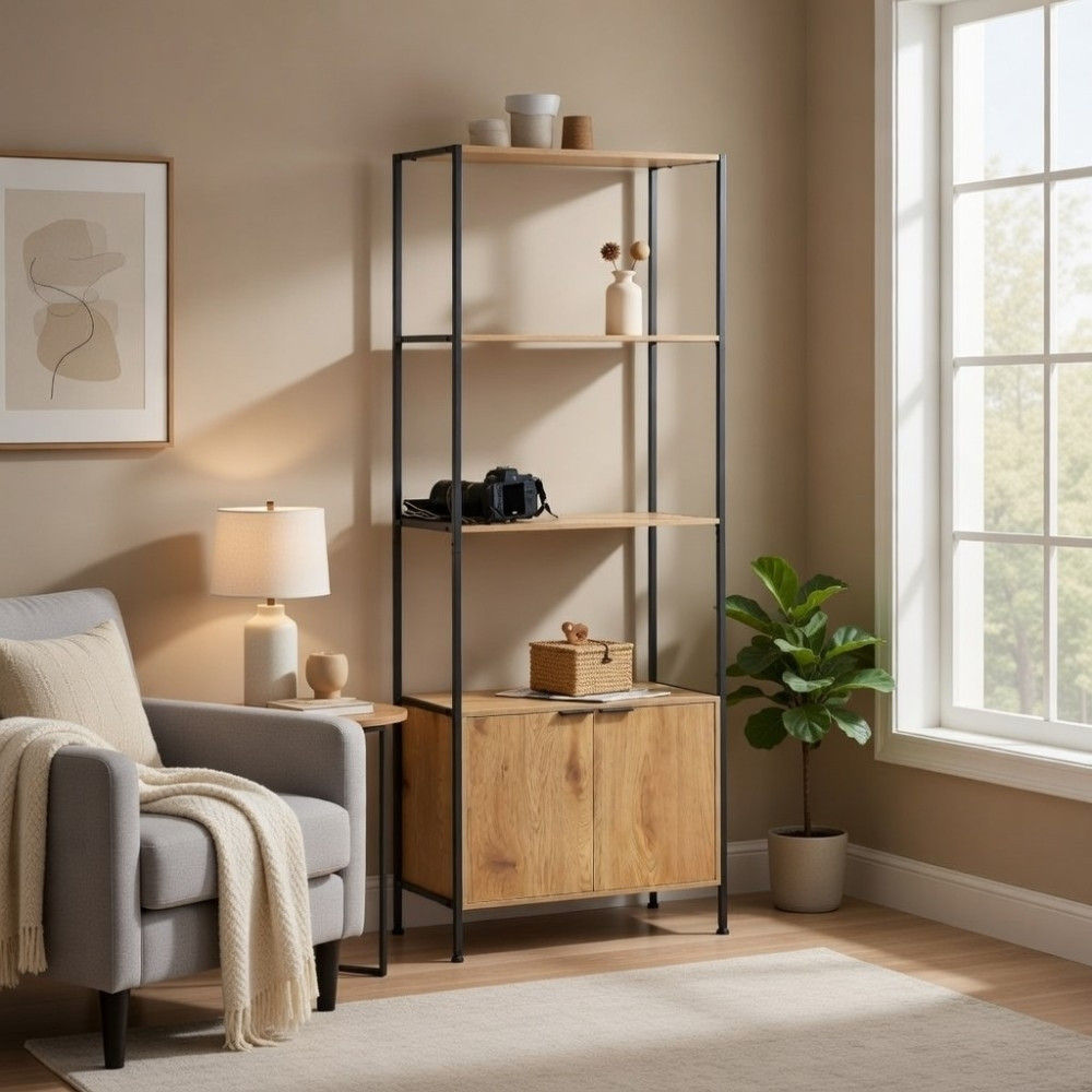 Bragg Essential Tall Storage Bookshelf with Cabinet, Oak & Black