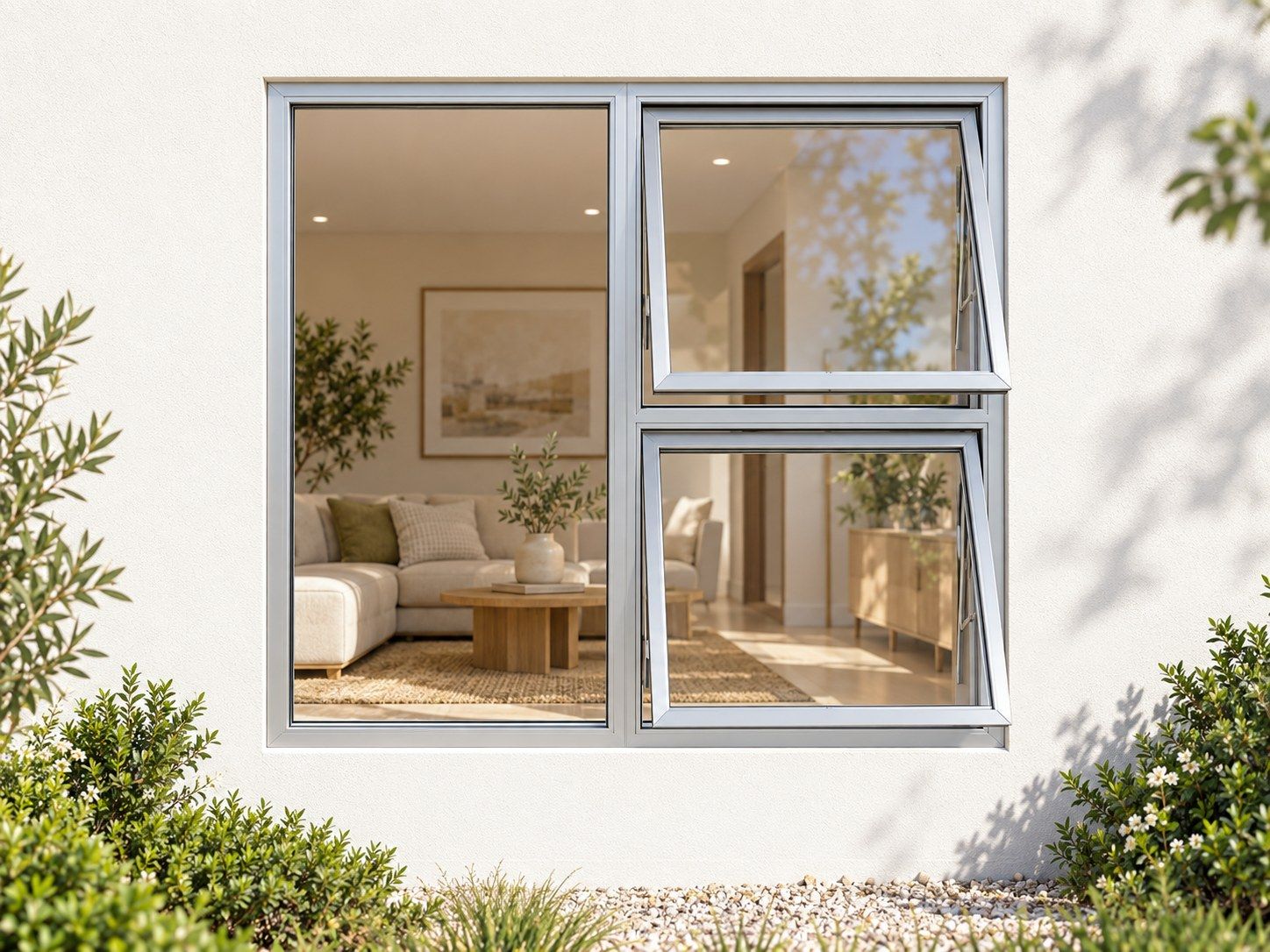 Kenzo Premium Top-Hung Aluminium Window - Silver, 1200 1200 mm, Right Two Openers with Fixed Side Pane, Clear Glass