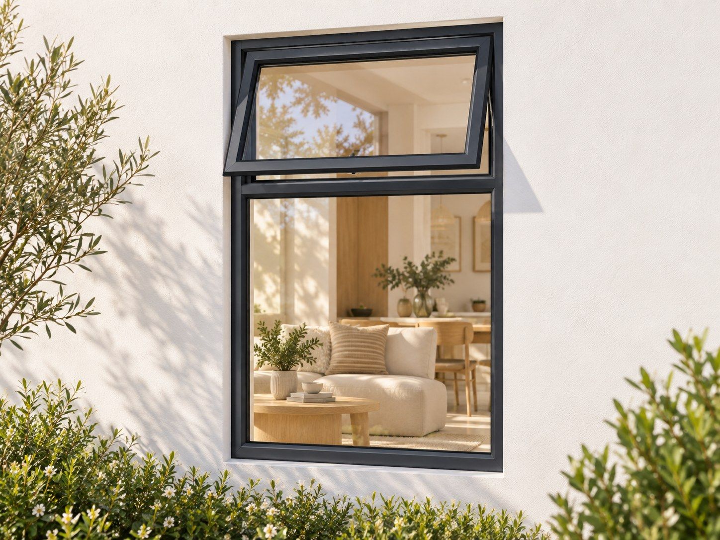 Kenzo Premium Top-Hung Aluminium Window - Charcoal, 600 900 mm, Small Upper Opener with Large Fixed Lower Pane, Clear Glass