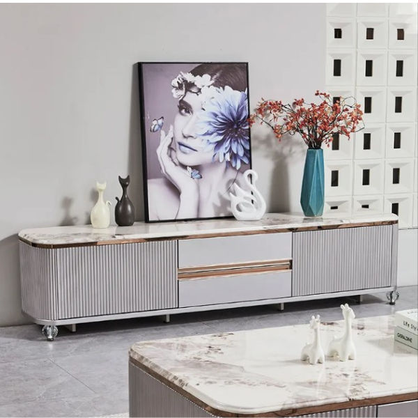 Eleanor Modern Plasma Stand with Marble-Look Top and Storage