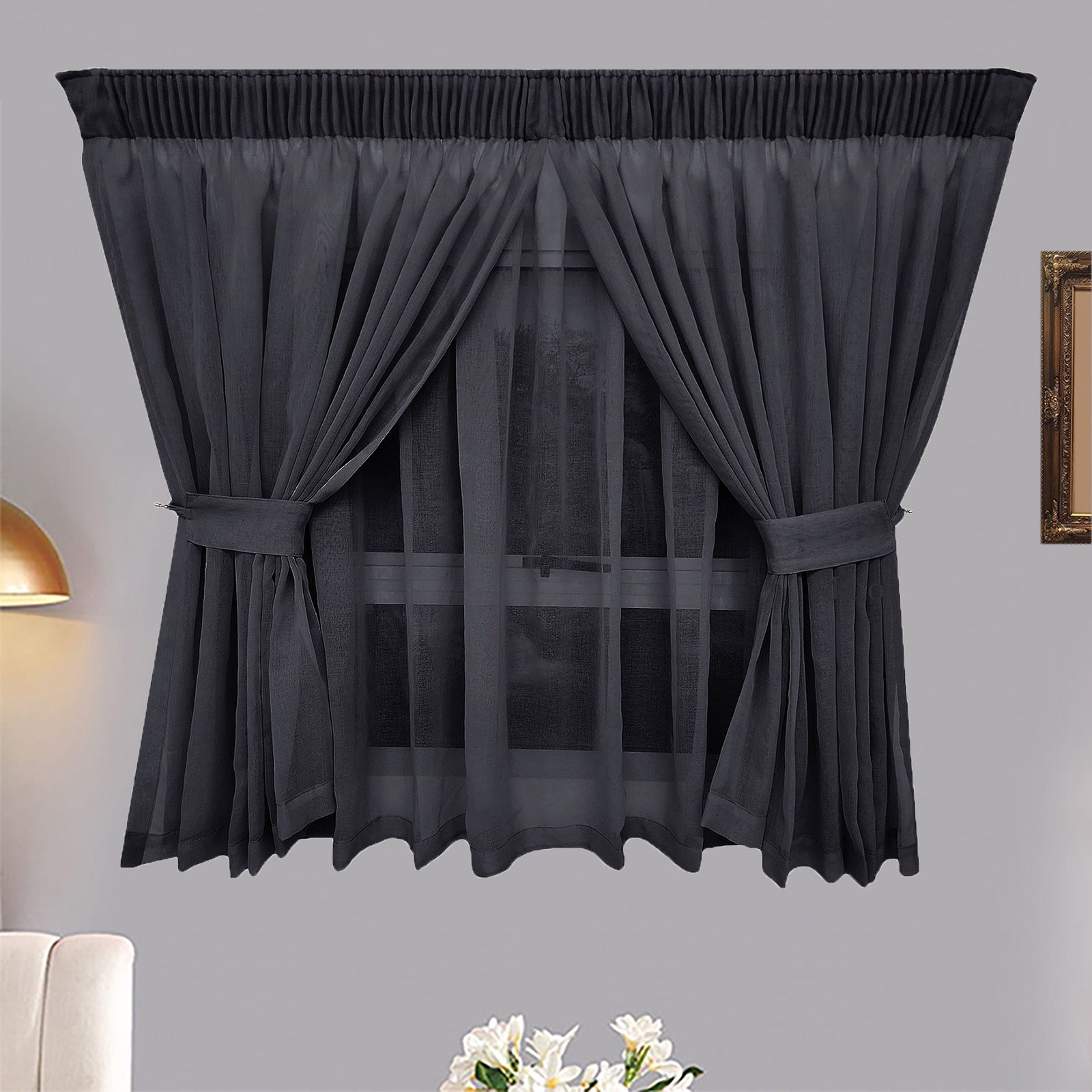 Matoc Designs Curtain - Café Double Layer - Mystic Voile - Charcoal - Taped - 250cm W x 120cm H