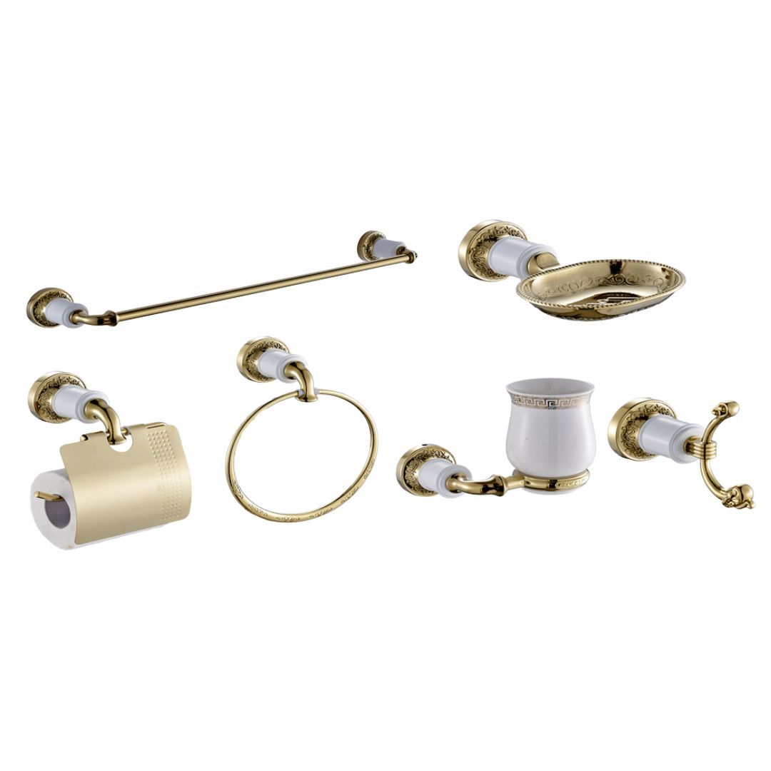 BATHROOM ACCESSORIES 6PC SET - GOLD & WHITE