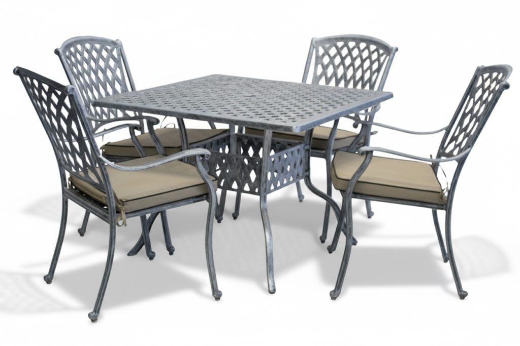 Tuscan Aluminium Dining Set 4-Seater 1000mm Square (Silver, Beige Cushions)