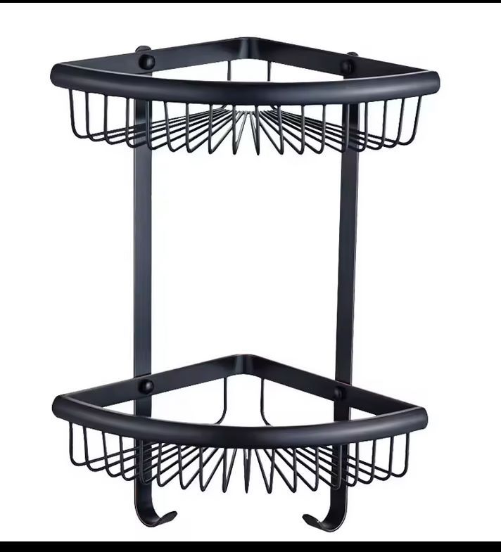 BATHROOM CORNER CADDY BLACK - DOUBLE SHELF