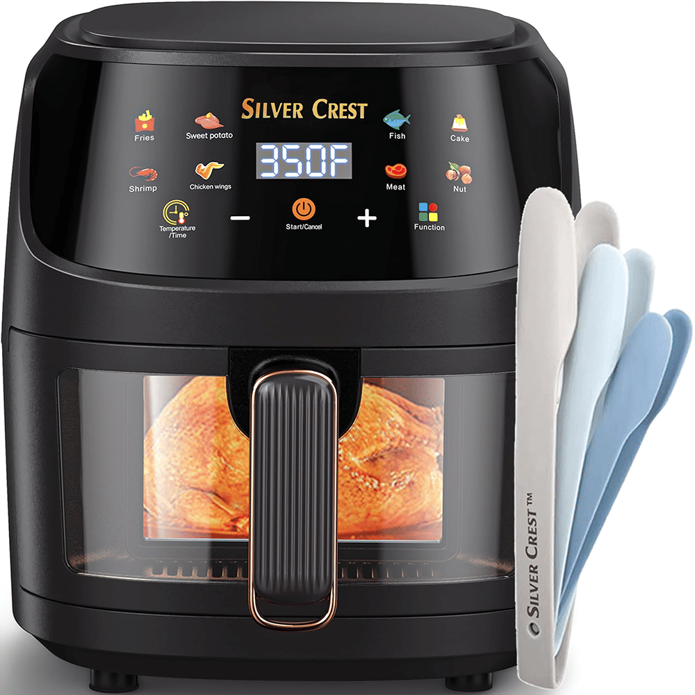 8L Air Fryer with Clear View Food Basket and Nesting Tongs Set - Black