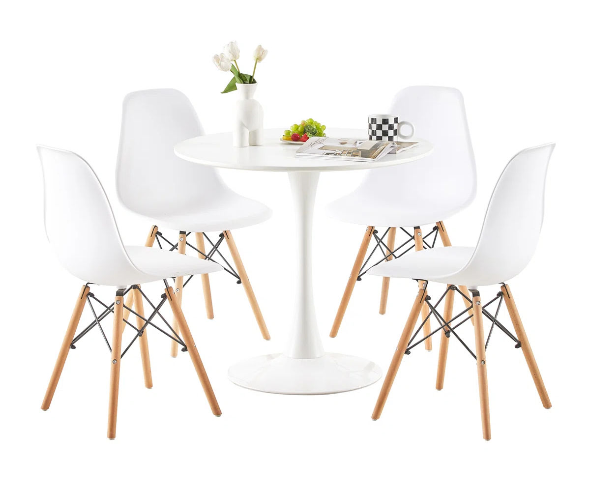 Contemporary Dining Set (Round Table 4 Chairs) - White