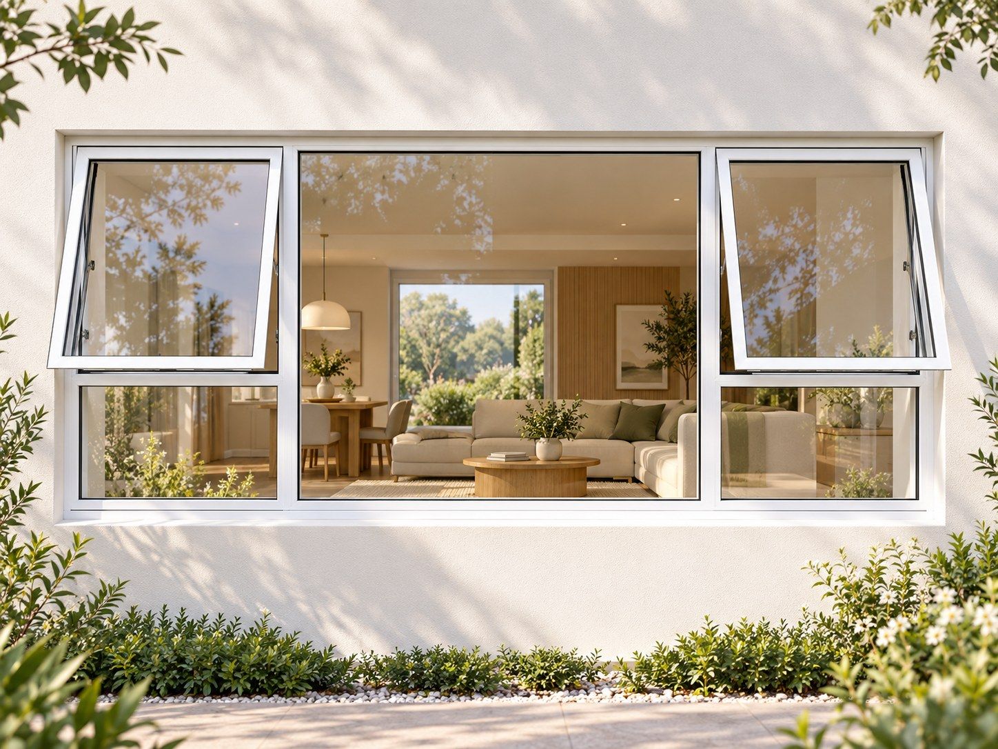 Kenzo Premium Top-Hung Aluminium Window - White, 2400 900 mm, Two Outer Openers with Fixed Centre and Lower Panes, Clear Glass