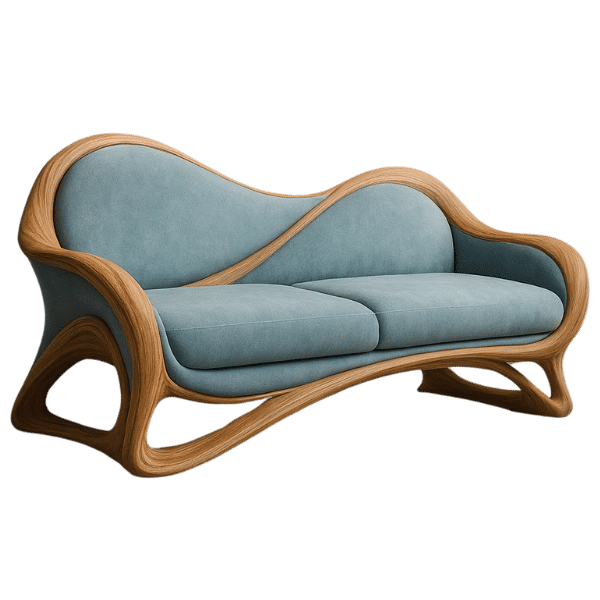Innofurn-Sculptural Sky-Blue Couch with Flowing Wooden Frame