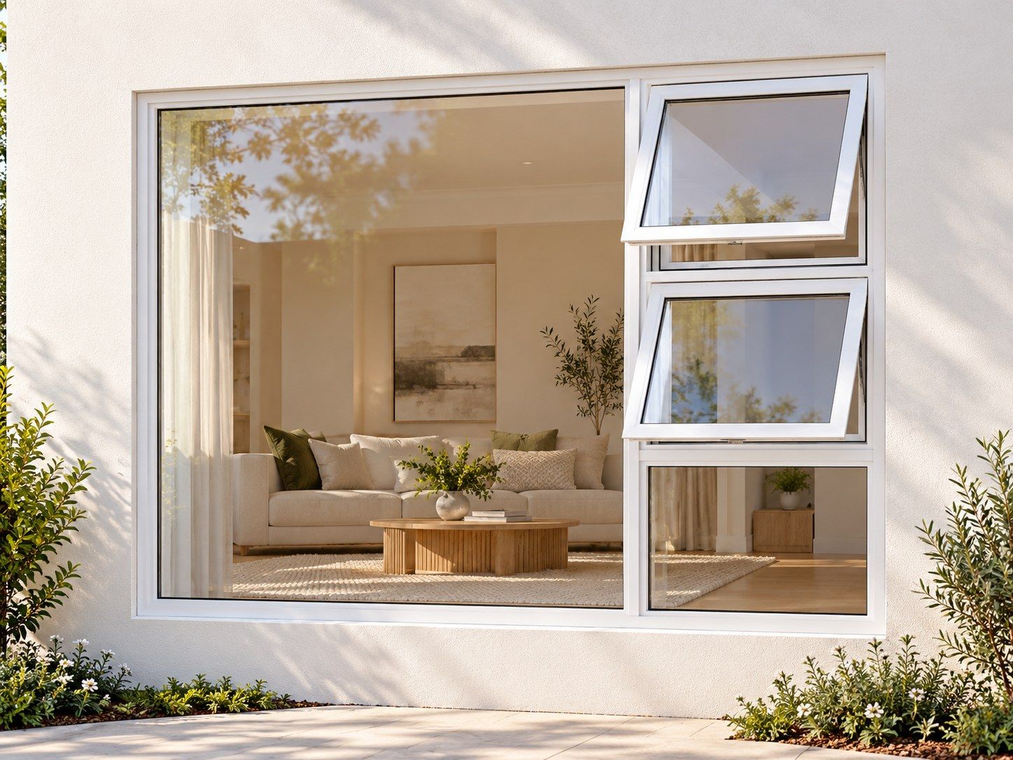 Kenzo Premium Top-Hung Aluminium Window - White, 2400 1800 mm, Right Two Openers with Fixed Lower and Side Panes, Clear Glass