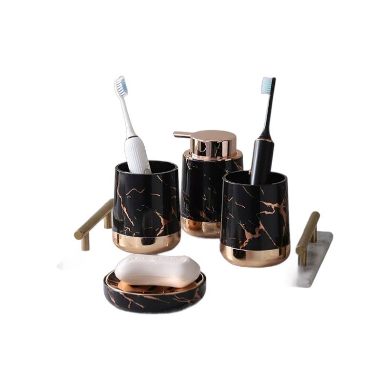 4-Piece Bathroom Accessory Set – Soap Dispenser, Soap Dish & Toothbrush Holders - black/gold