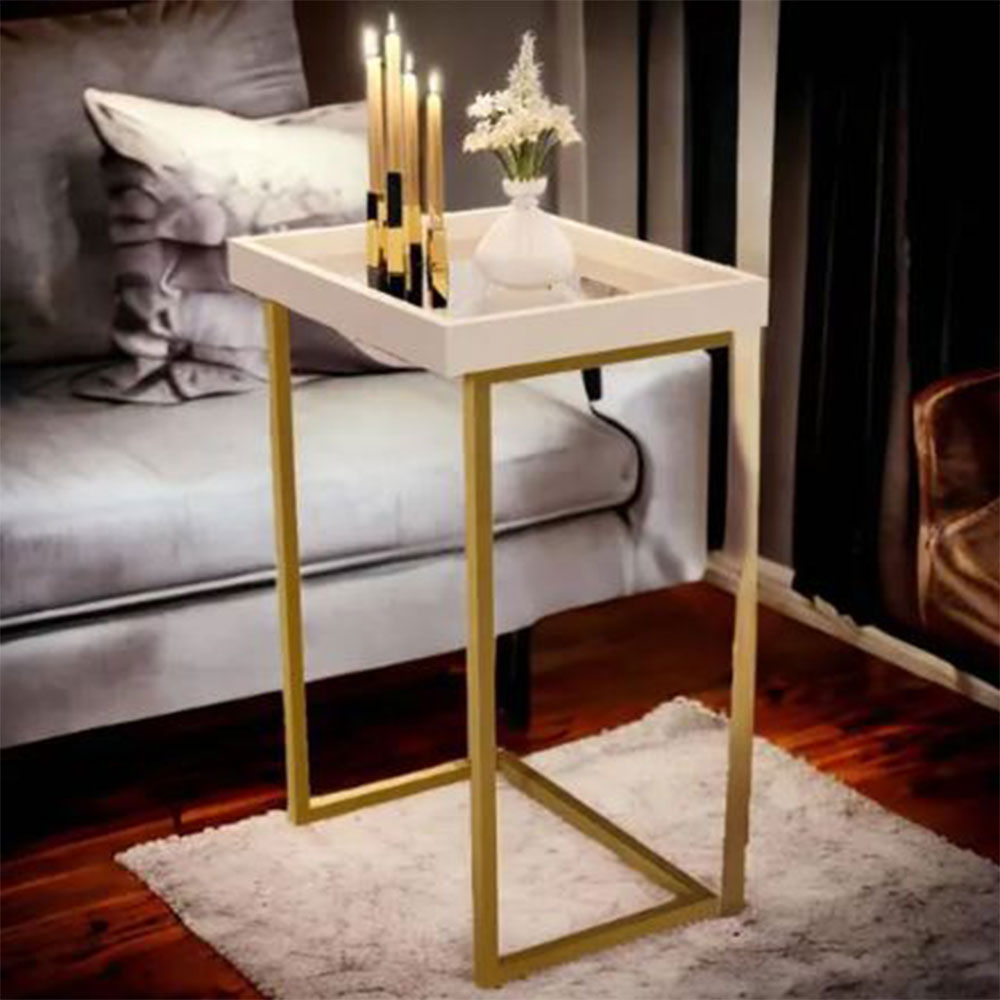 Luxo Moden Sofa Side Table- White/Gold