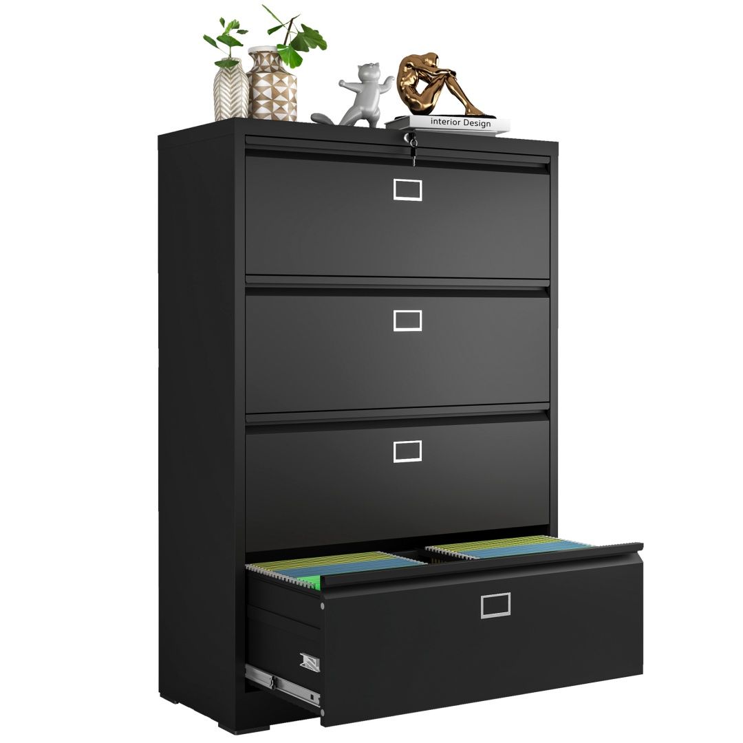 Steel Lateral 4 Drawer Filing Cabinet Cupboard Locker With Swan Handle Card Slots - Black