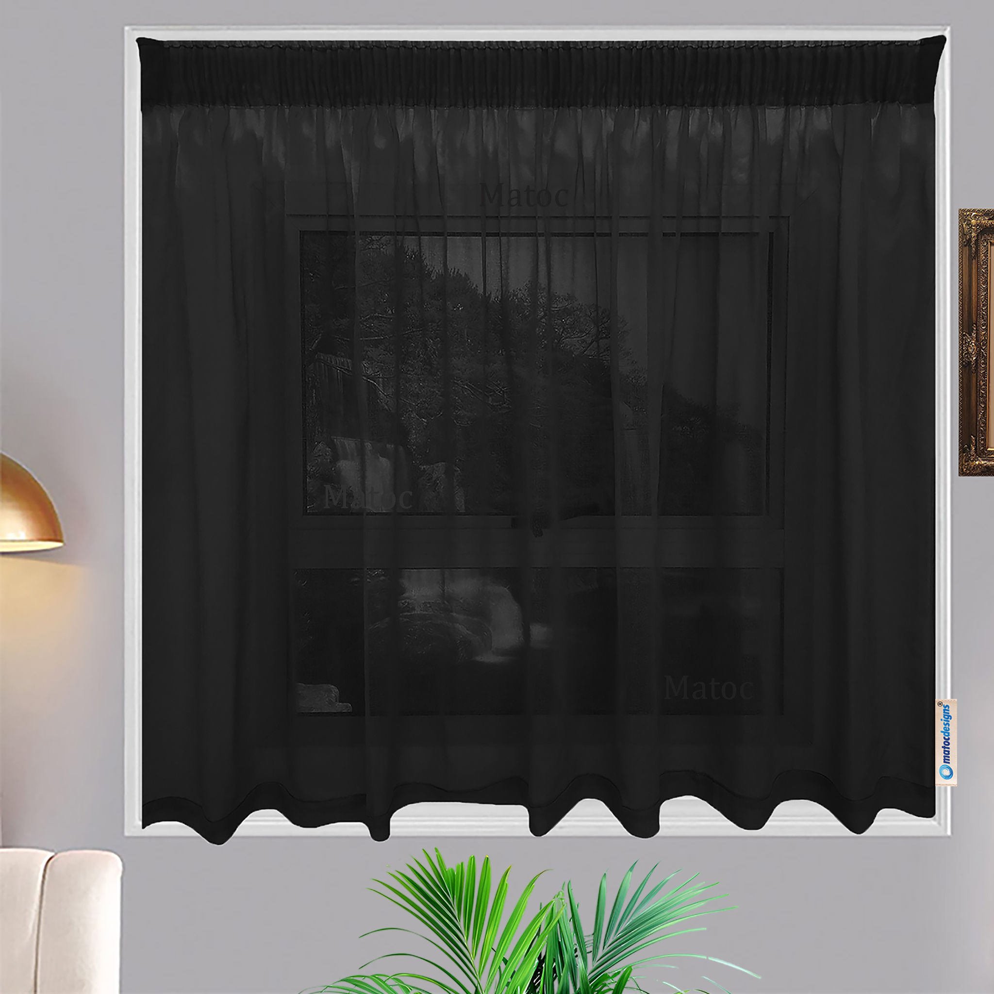 Matoc Designs Café Curtain - Mystic Voile - Black - Taped - Single Layer - 250cm W x 120cm H
