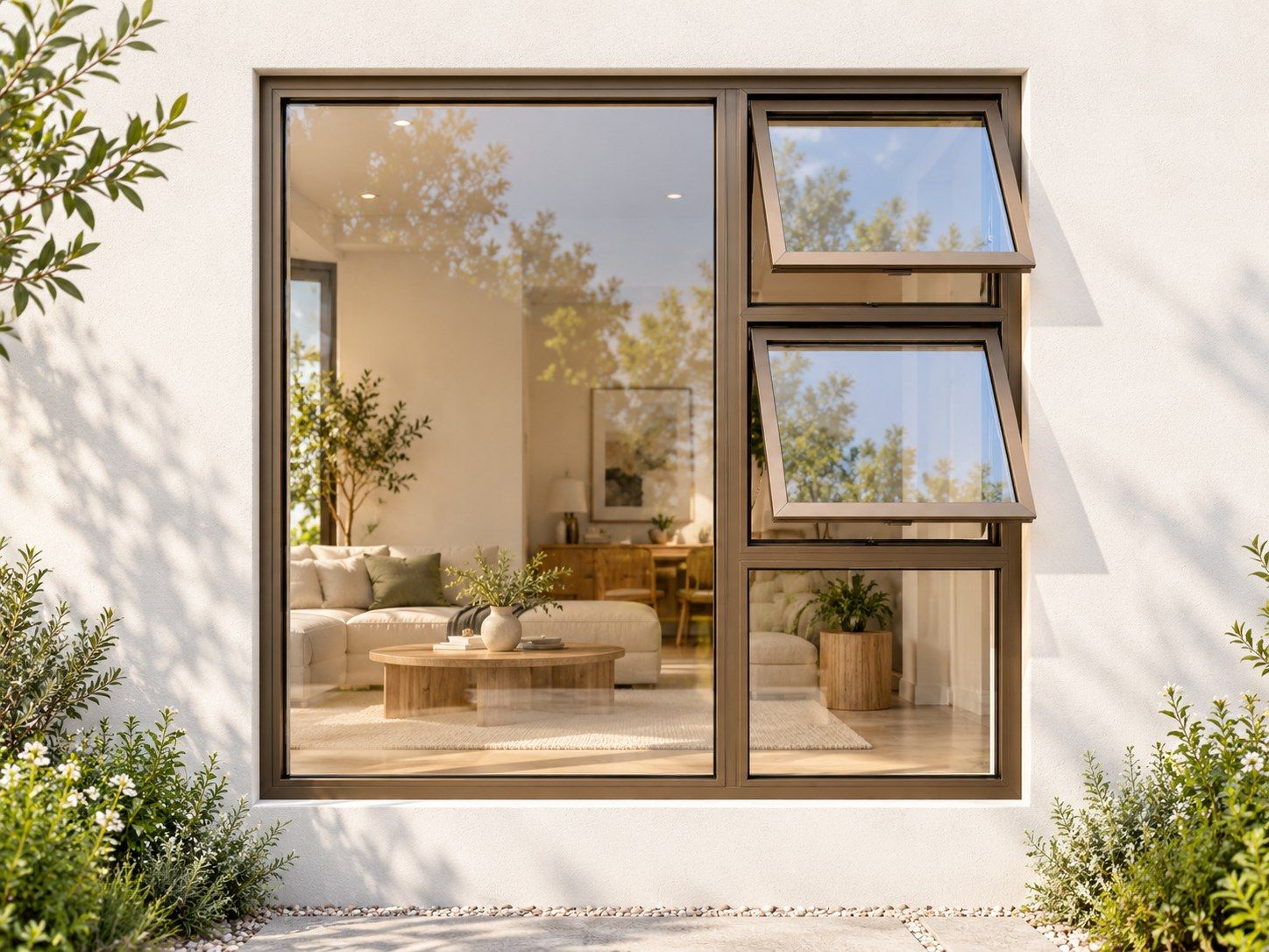Kenzo Premium Top-Hung Aluminium Window - Bronze, 1800 1800 mm, Right Two Openers with Fixed Lower and Side Panes, Clear Glass