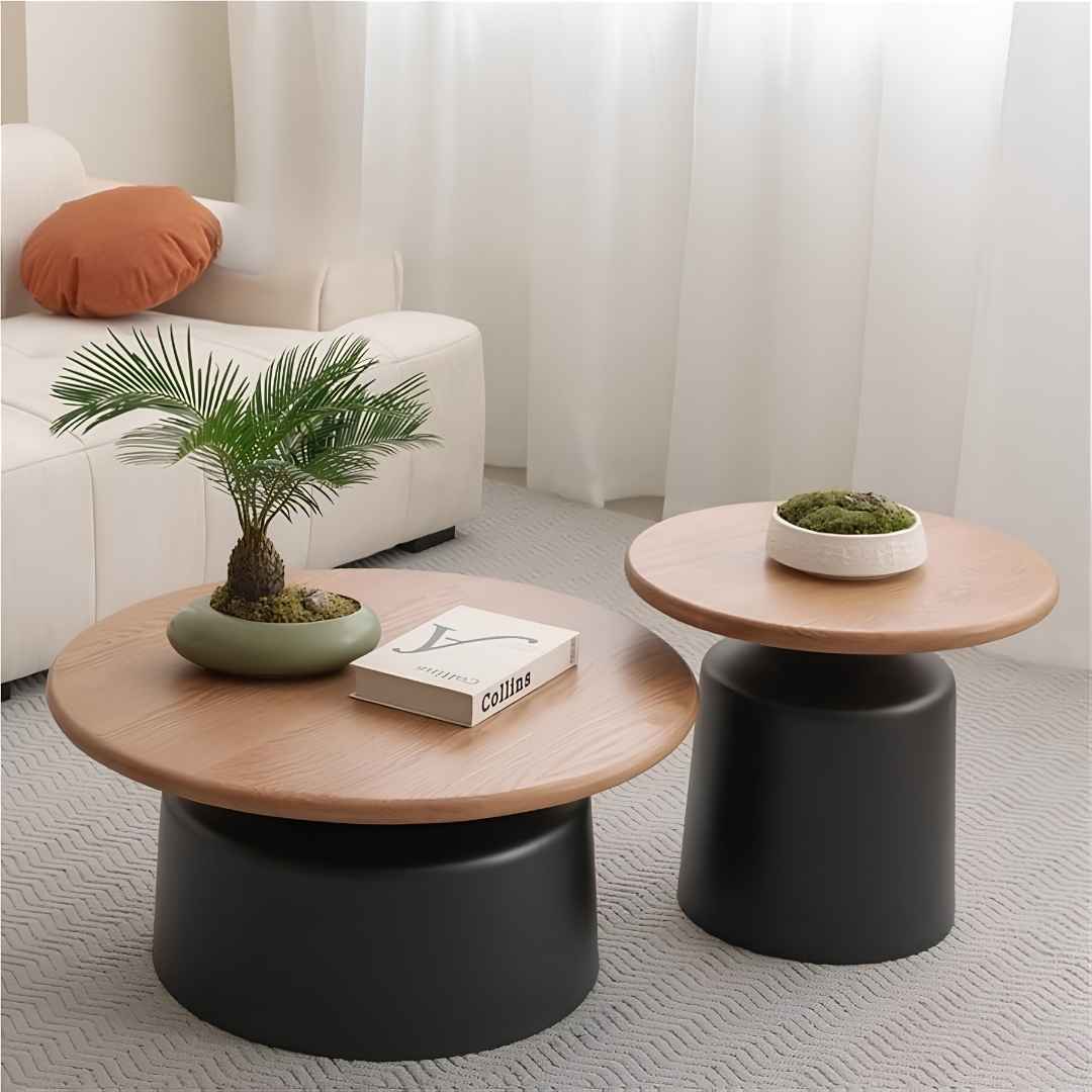 2-Piece Modern Round Nesting Coffee & Side Table Set – Wood Grain Top Accent Tables with Matte Black Base