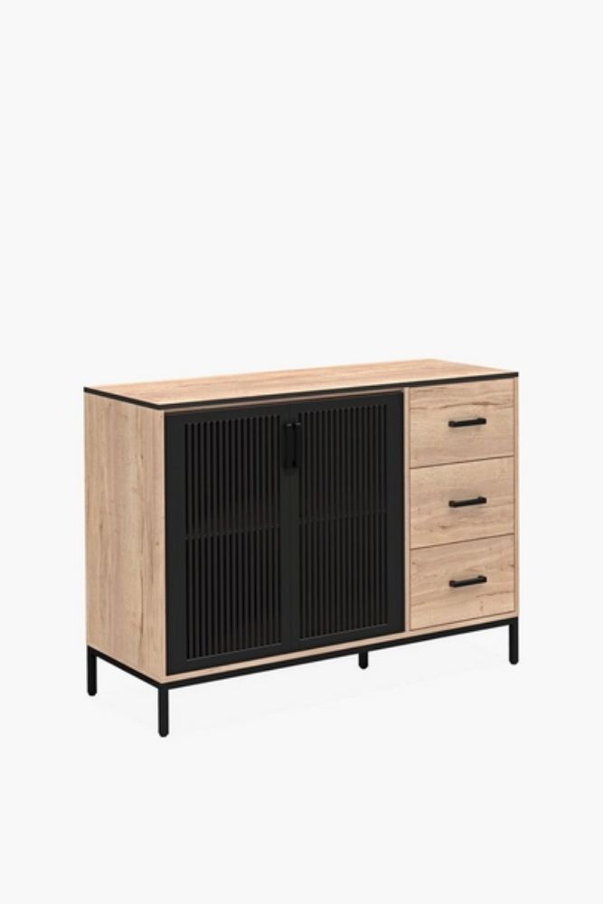 Fluted Glass Sideboard Black oak Modern Dark Cabinet with Textured Glass Doors