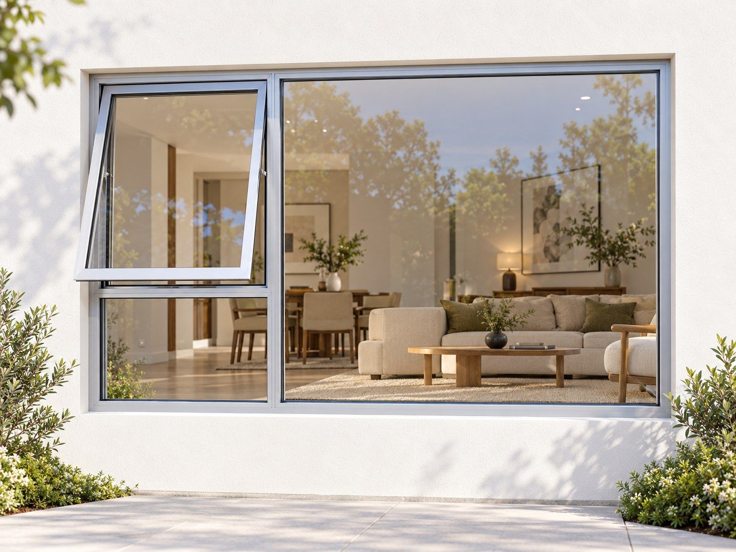 Kenzo Premium Top-Hung Aluminium Window - Silver, 2100 900 mm, Left Upper Opener with Fixed Lower and Side Panes, Clear Glass