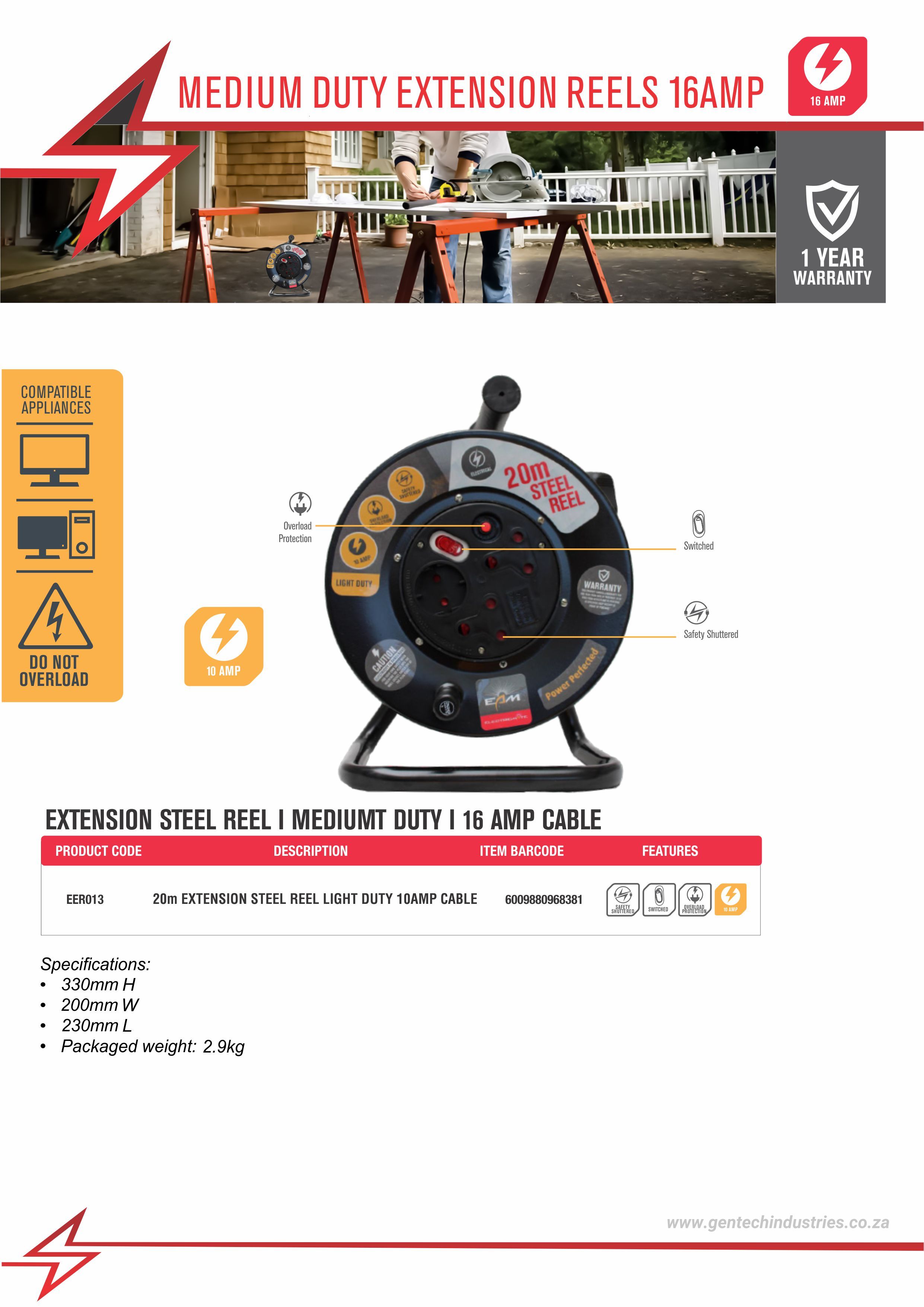 ELECTRICMATE 10 AMP EXTENSION REEL STEEL 20M