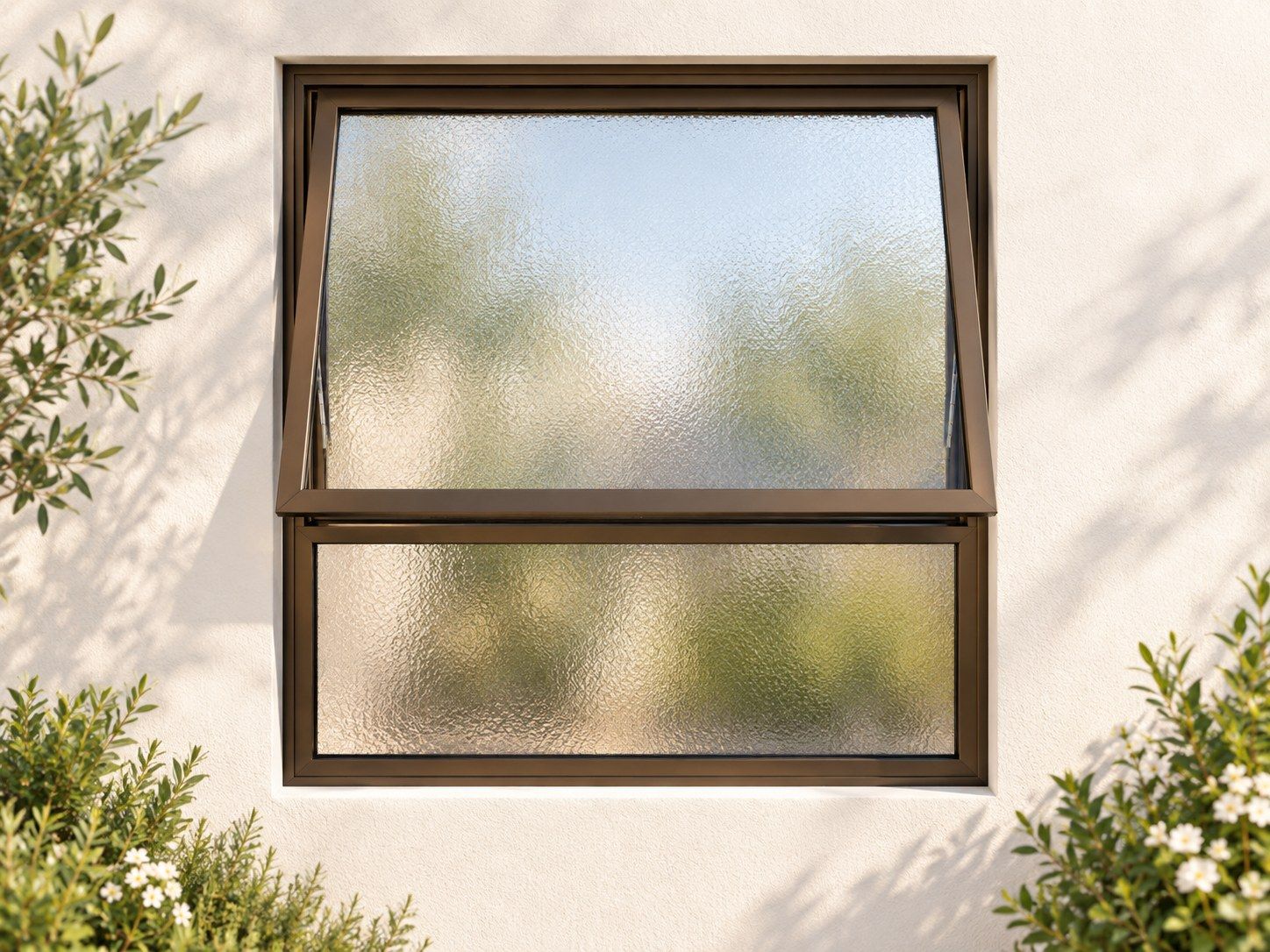Kenzo Premium Top-Hung Aluminium Window - Bronze, 900 900 mm, Upper Opener with Fixed Lower Pane, Obscure Safety Glass
