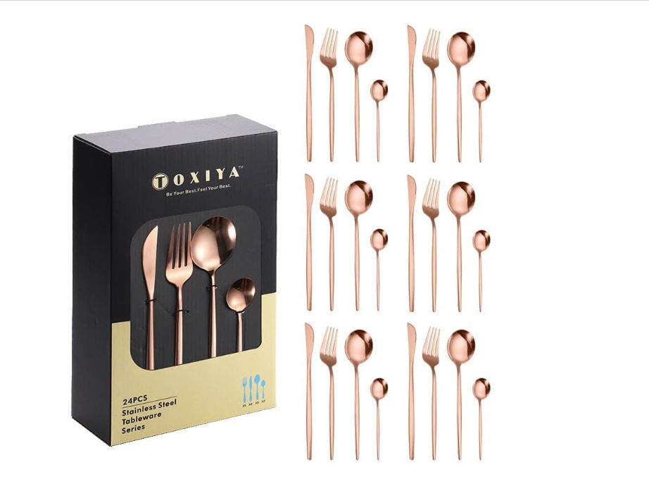 TOXIYA - 24 Piece Flatware Set, Stainless Steel Knife Fork Spoon, Home Dinnerware Tableware Set for 6, Cutlery Set, Include Knives/Forks/Spoons (rose gold)