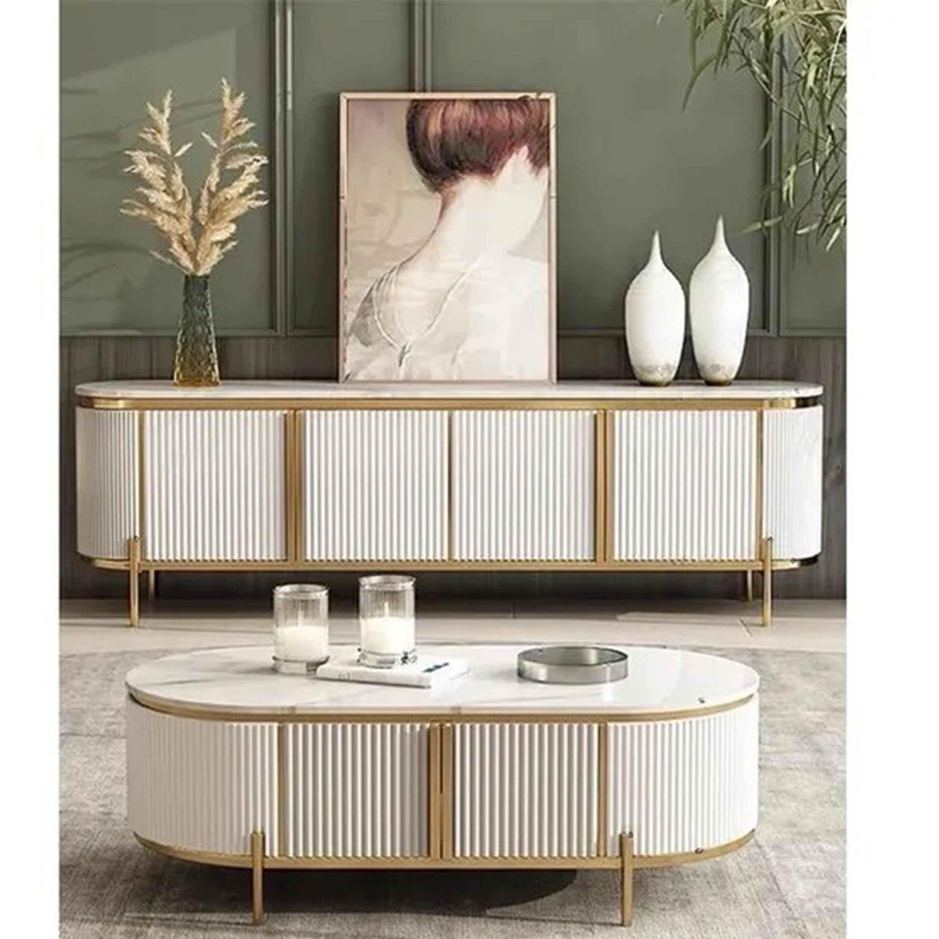 TV Stand and Coffee Table Set - Gold and White