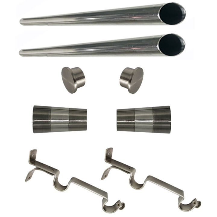 Matoc 25mm Double Curtain Pole Set -SIlver -Dbl extend brkts -Cone Finials -1.0m