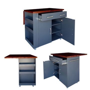 Large Kitchen Island on Wheels with Fold-Out Table & Shelves - Midnight/Pine (Stained)