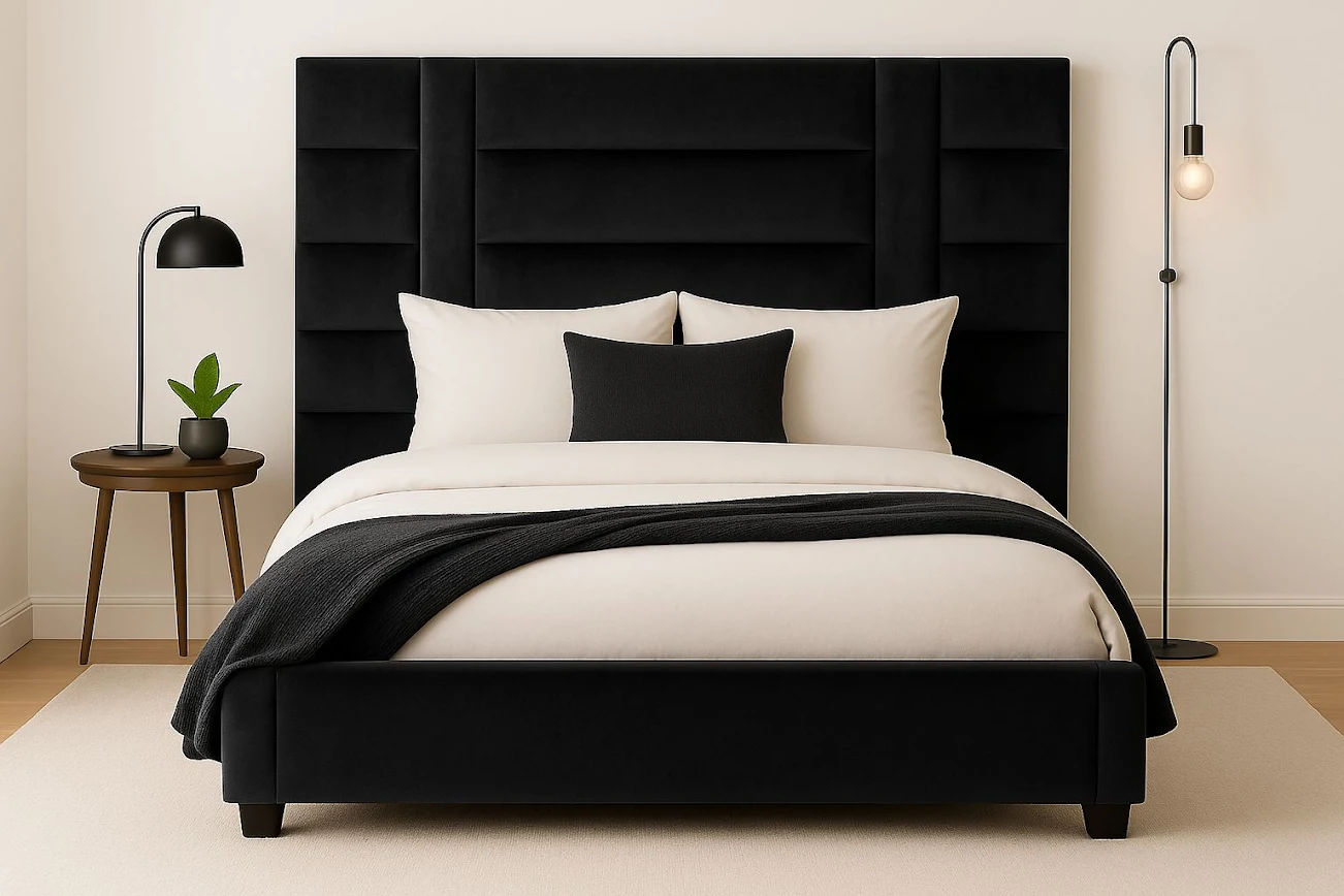 Black Luxe Upholstered Panel Headboard and Base King- 183cm Base & 280cm Headboard