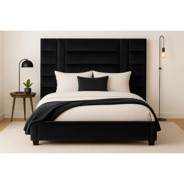 Black Luxe Upholstered Panel Headboard and Base King- 183cm Base & 280cm Headboard
